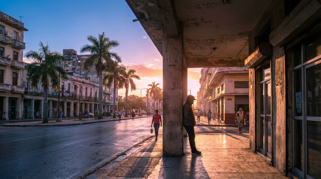 Tropical city street on a clear day, sharp shadows and bright highlights under blue sky