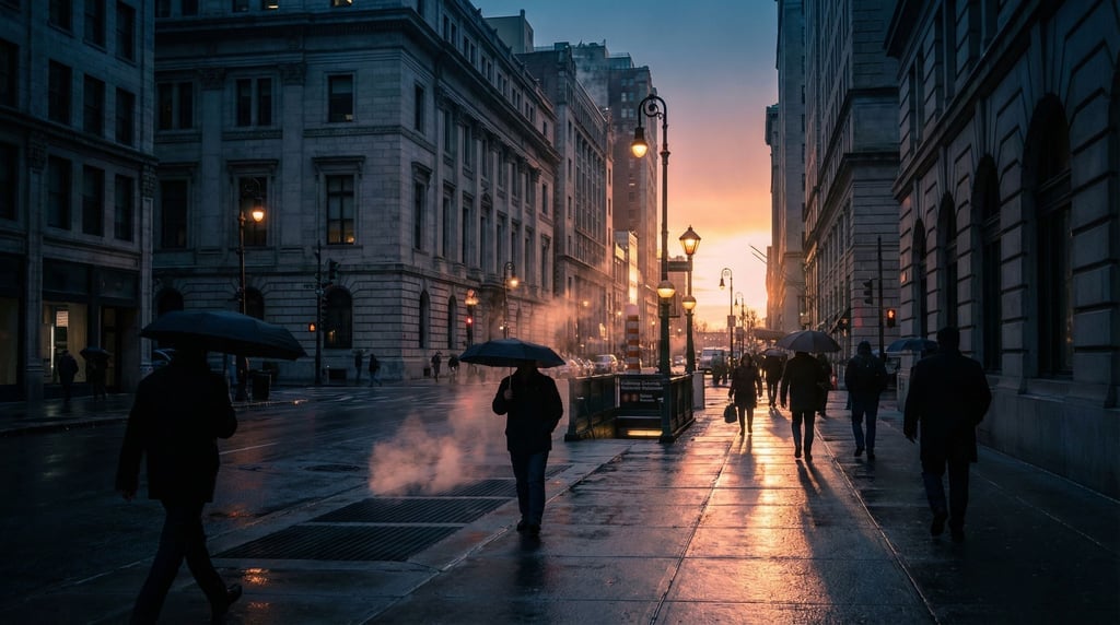 Cosmopolitan city street in winter light, low sun angle creating long shadows and cold blue sky