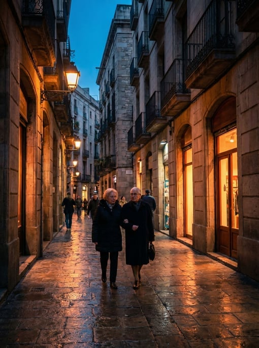 Narrow Barcelona Gothic Quarter street with cobblestones wet from recent rain reflecting warm light