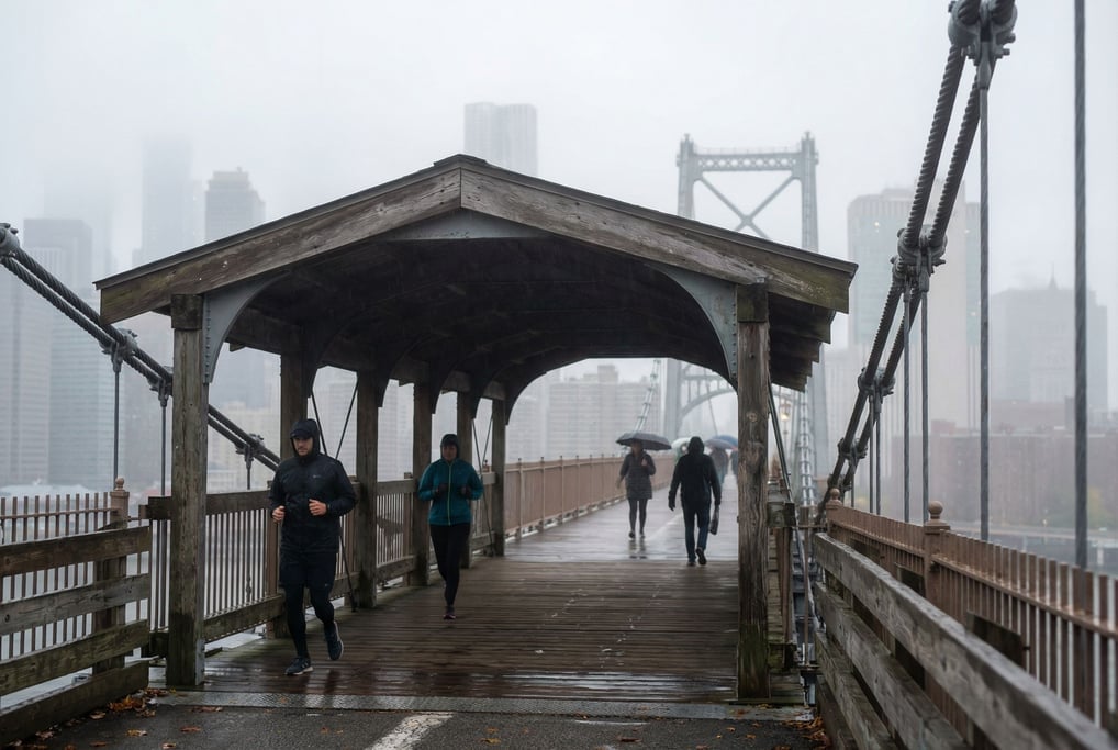 Covered wooden footbridge at cloudy afternoon, cables disappearing into mist