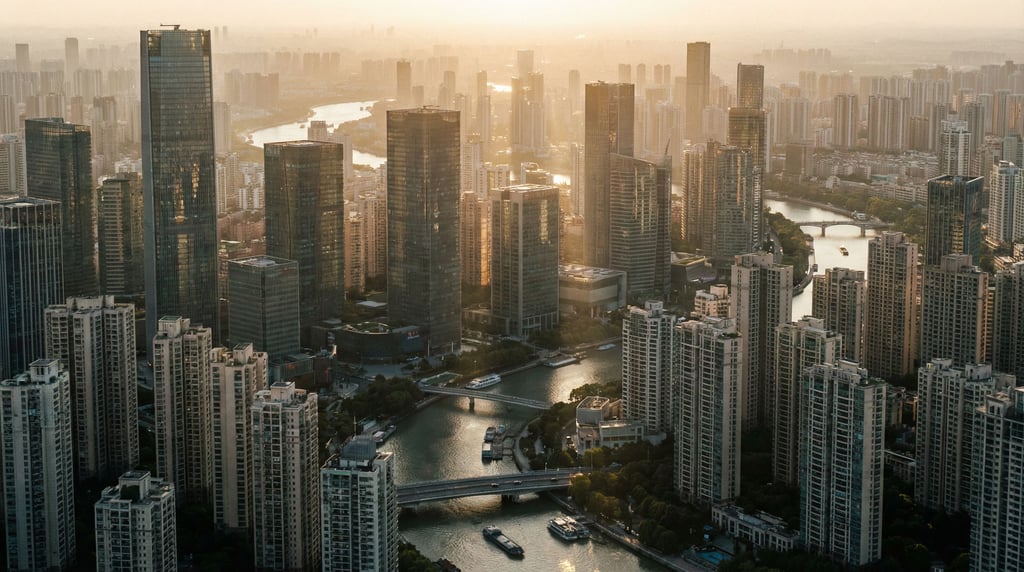 Sweeping panoramic view of a high-rise financial district city skyline at late afternoon