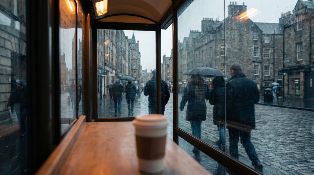 Looking out through a bus shelter glass panel at a historic city street