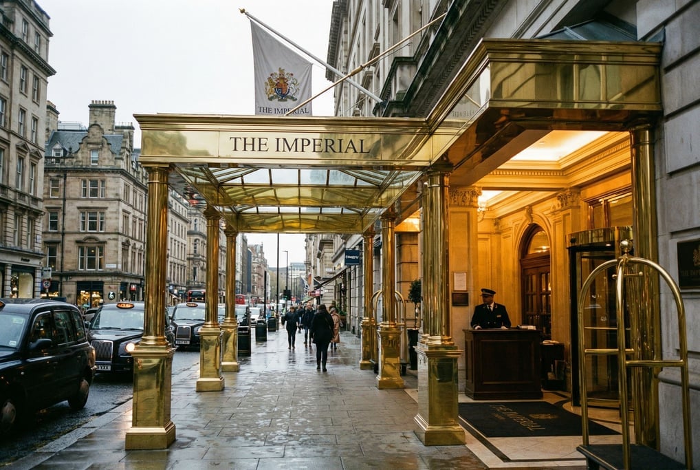 Canopied hotel entrance with polished brass, a flag or banner hanging from above, cloudy afternoon