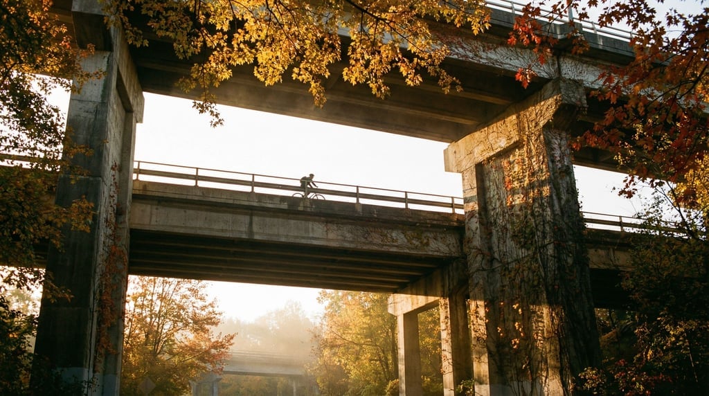 Concrete highway overpass seen from below on a crisp autumn day