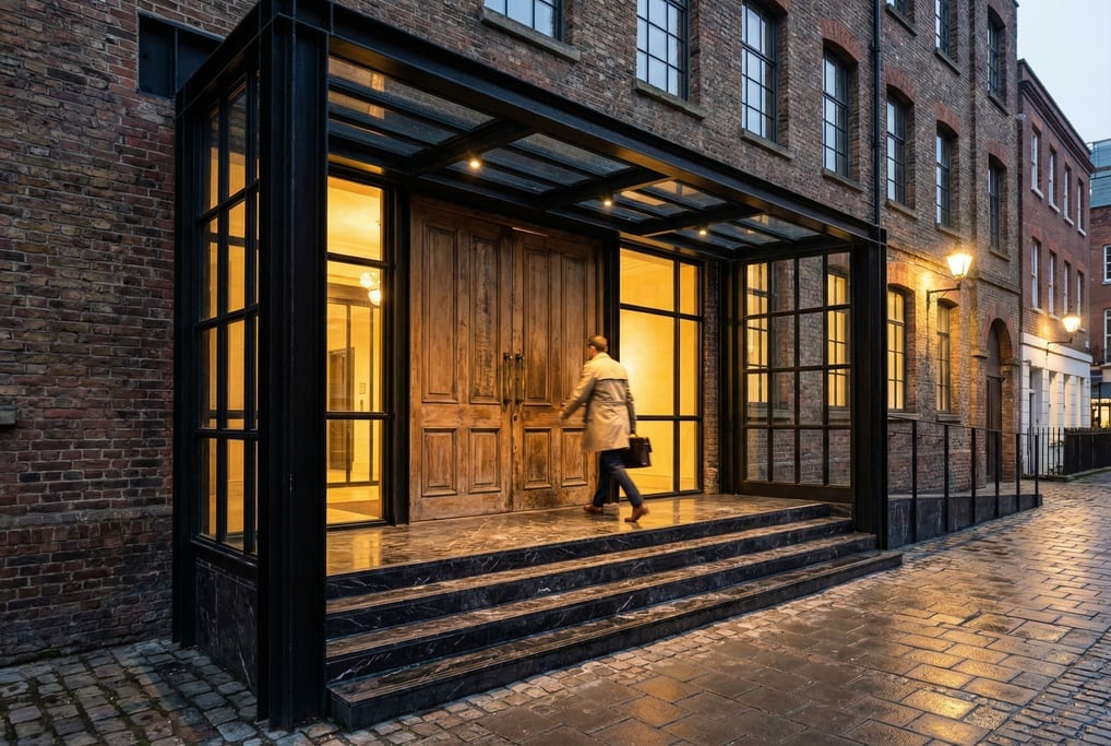 Industrial converted factory entrance with steel frame