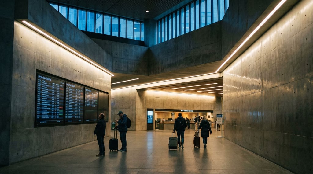 Grand central railway station concourse, polished concrete walls and dramatic recessed lighting