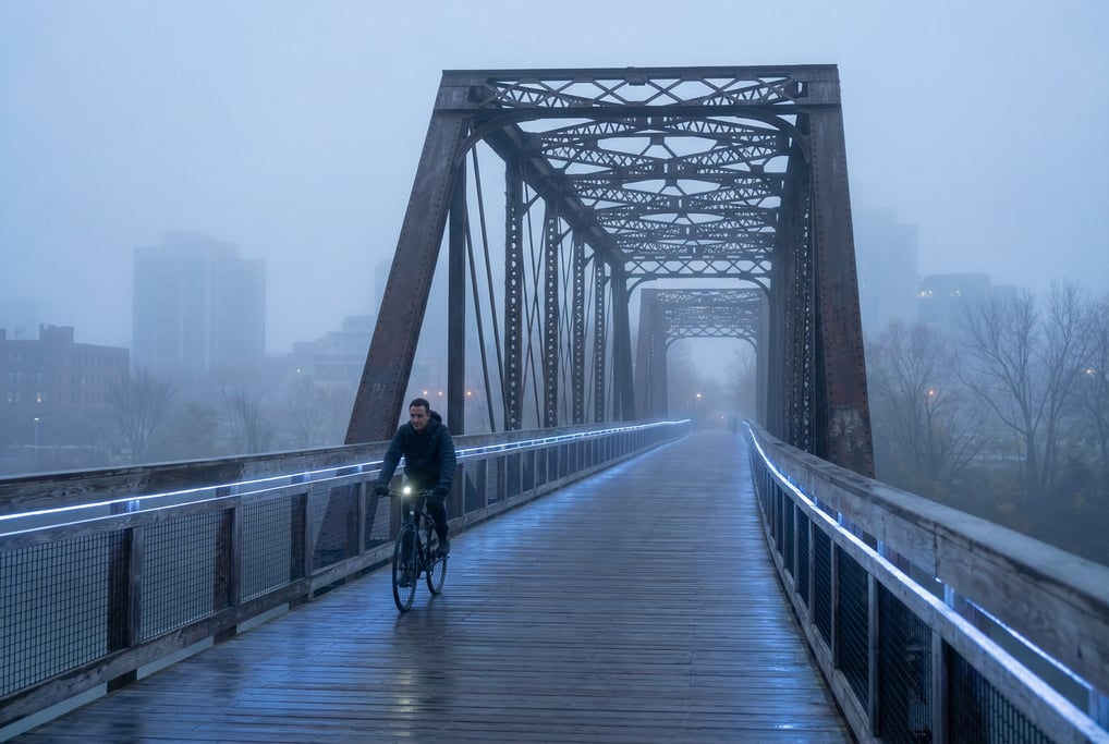Railroad bridge converted to a walking path at misty morning
