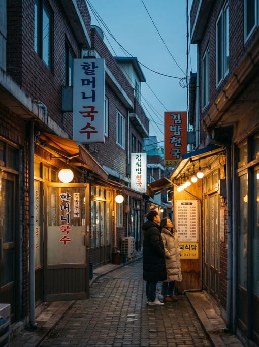Narrow Seoul alley with small restaurants with vertical signage in local script on narrow buildings