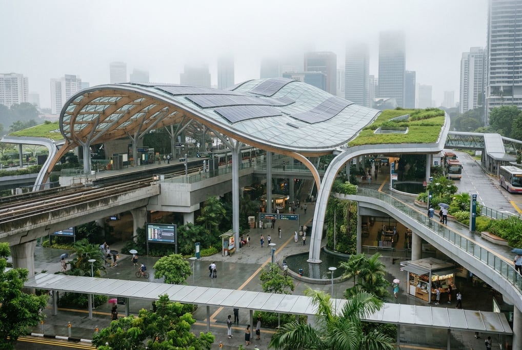 Modern transit hub with sweeping roof in a Singapore