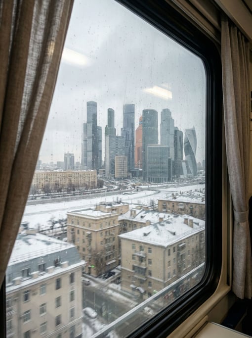 View through a train window speeding past the city overlooking a cosmopolitan cityscape at cloudy af
