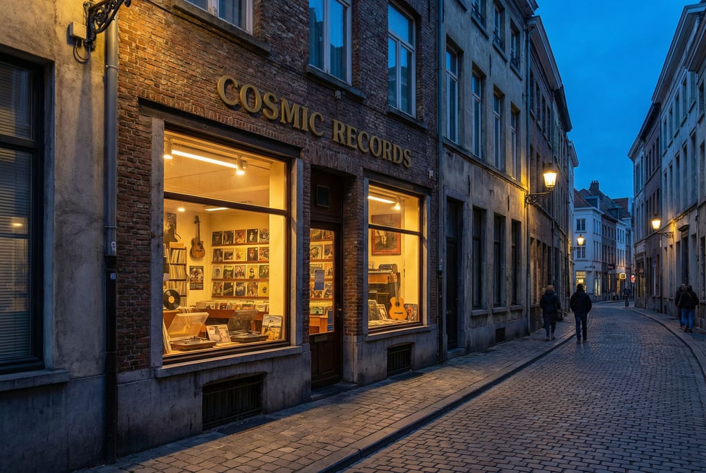 Vintage record store on a quiet historic city side street