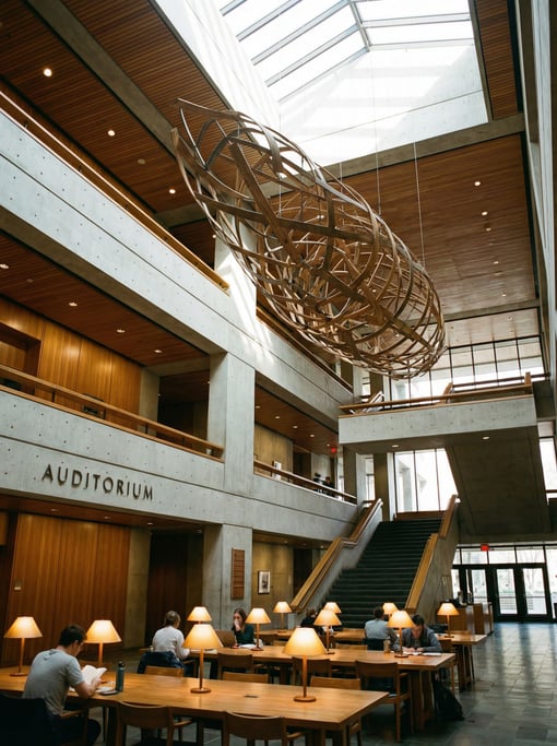 Double-height lobby with monumental art inside a concert hall