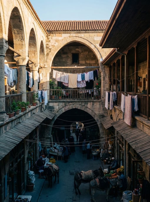 Looking up through a courtyard of a Ottoman-era caravanserai