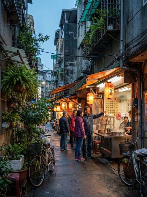 Narrow Taipei lane with street food stalls with potted plants and bicycles lining the narrow sidewal