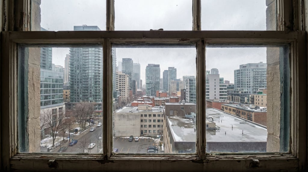 View through a old wooden-frame window in a historic building overlooking a modern cityscape at over