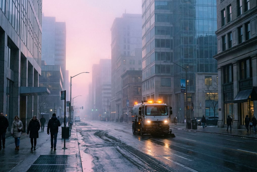Cosmopolitan city street in morning fog