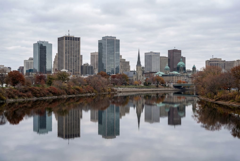 Mid-century modern city skyline reflected in a calm river at overcast midday
