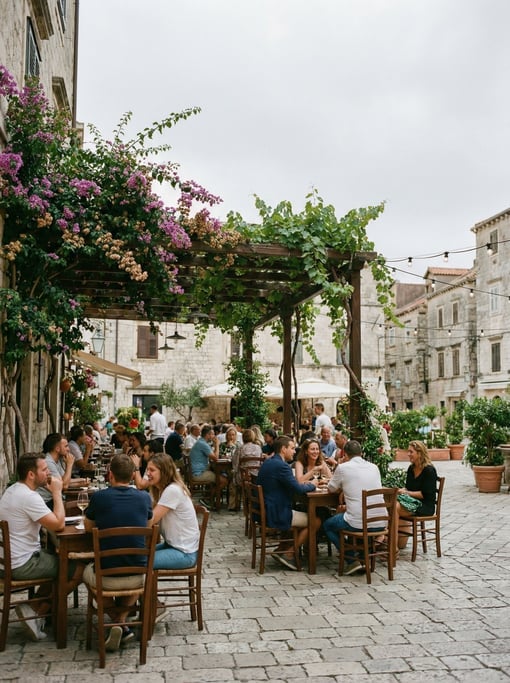 Outdoor wine bar terrace on a Mediterranean city square
