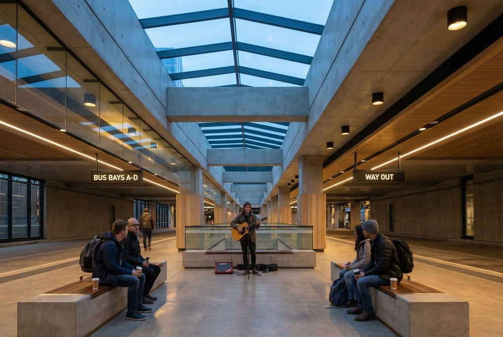 Bus station at dawn, clean minimalist design with clear wayfinding
