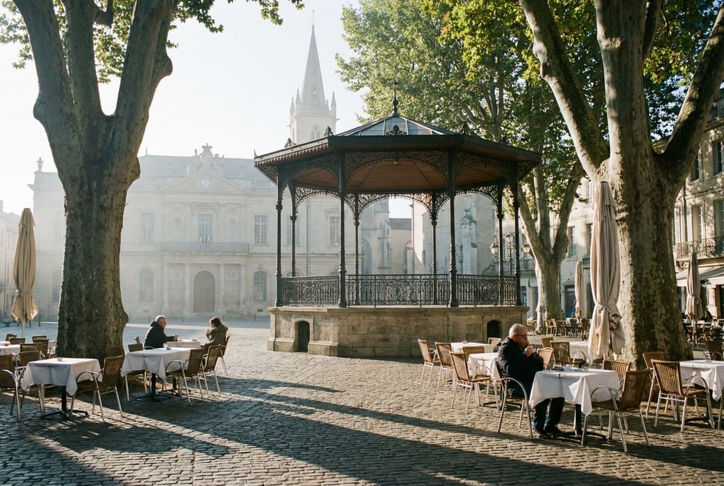 Tree-shaded plaza with a bandstand in a European city, outdoor restaurant tables under plane trees