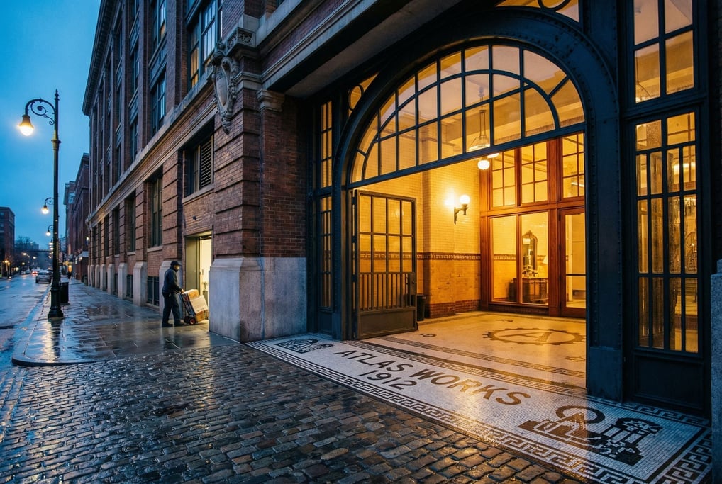 Industrial converted factory entrance with steel frame, mosaic tile work on the entrance floor