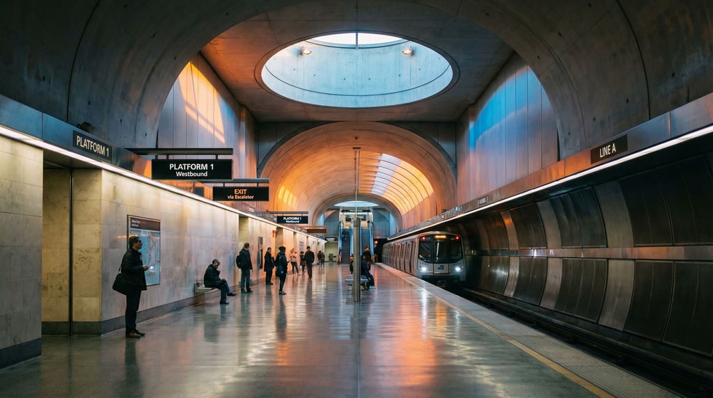 Underground metro station with a long curved platform