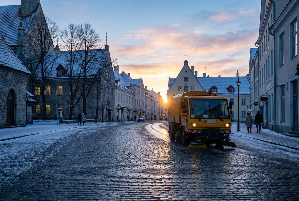 Northern European city street in winter light
