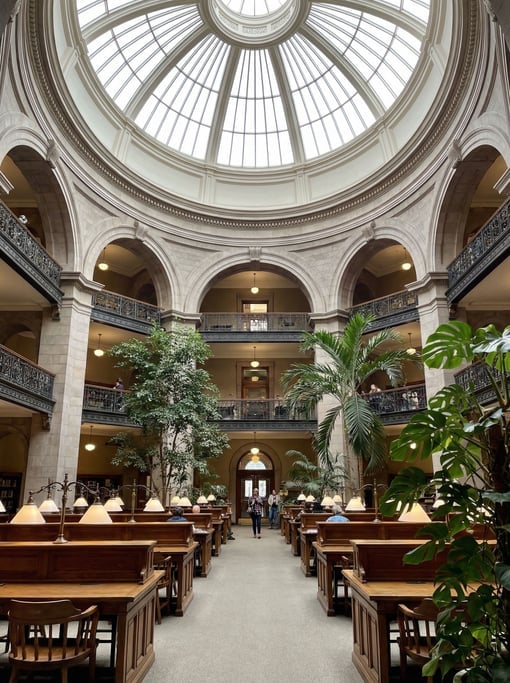 Grand reading room with rows of desks inside a historic courthouse