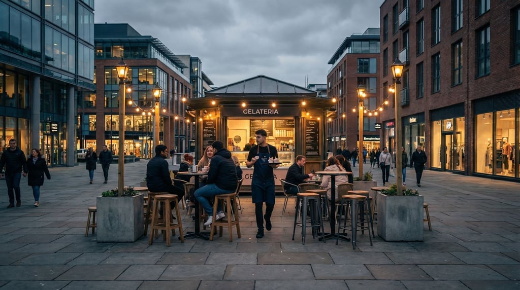 Outdoor gelateria with outdoor stools on a modern city square