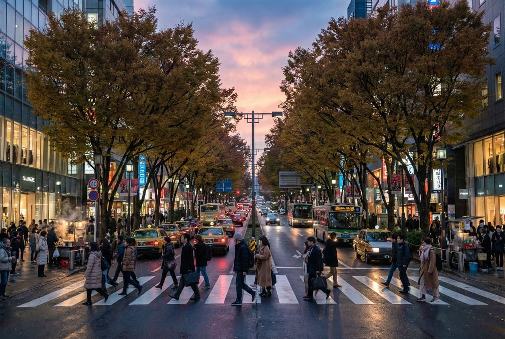 Busy pedestrian crossing during morning rush on a busy commercial avenue in a modern city, dawn