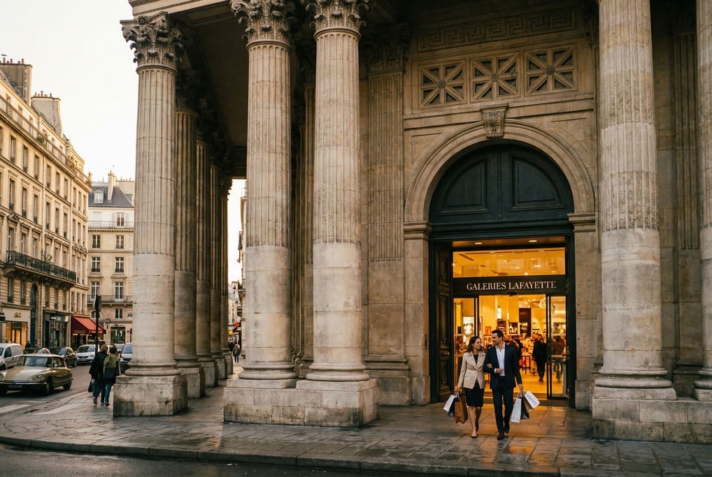 Grand neoclassical portico with tall columns, geometric stone carvings above the doorway