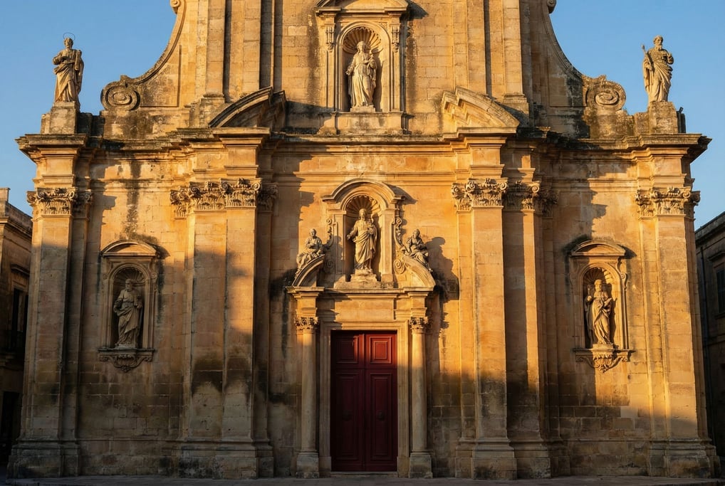 Baroque church facade with carved stone with weathering stains and patina adding character
