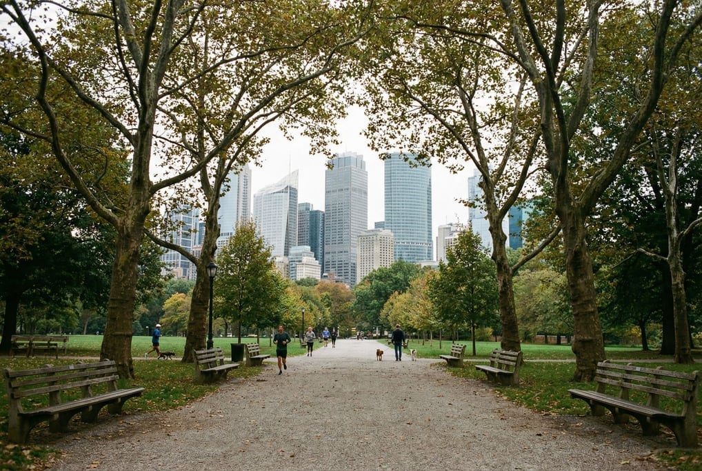 Tree-lined park path with city towers visible in the background