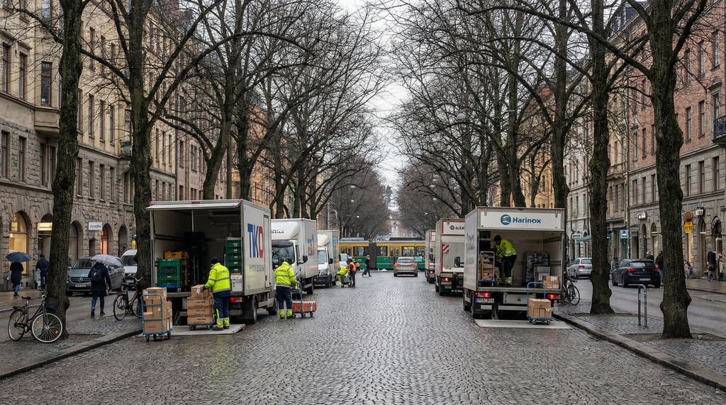 Delivery trucks unloading on a commercial street on a wide tree-lined boulevard in a northern Europe