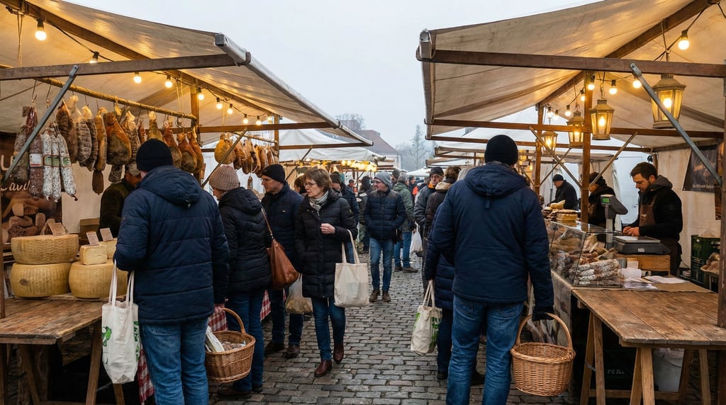 Open-air farmers market with canvas stalls with hanging cured meats and cheeses