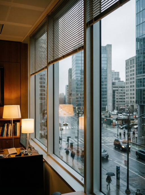 Looking out through a office window with venetian blinds partially open at a modern city street