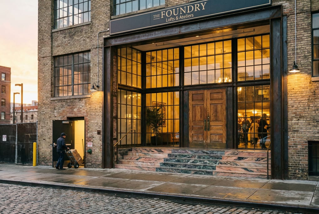 Industrial converted factory entrance with steel frame