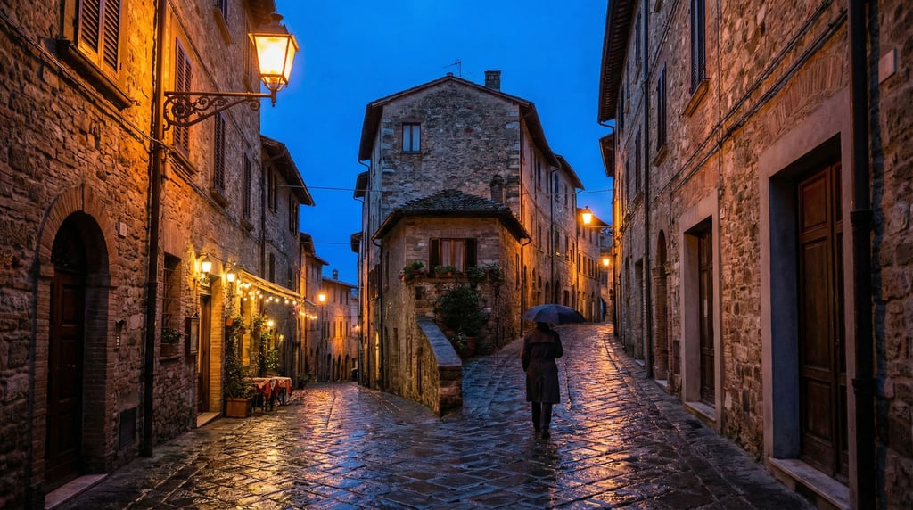 Narrow winding Italian vicolo with cobblestones wet from recent rain reflecting warm light