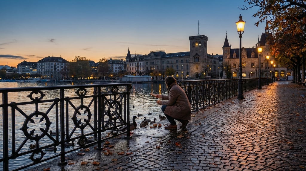 City lakefront path lined with iron railings and cobblestone paths along the water, dusk