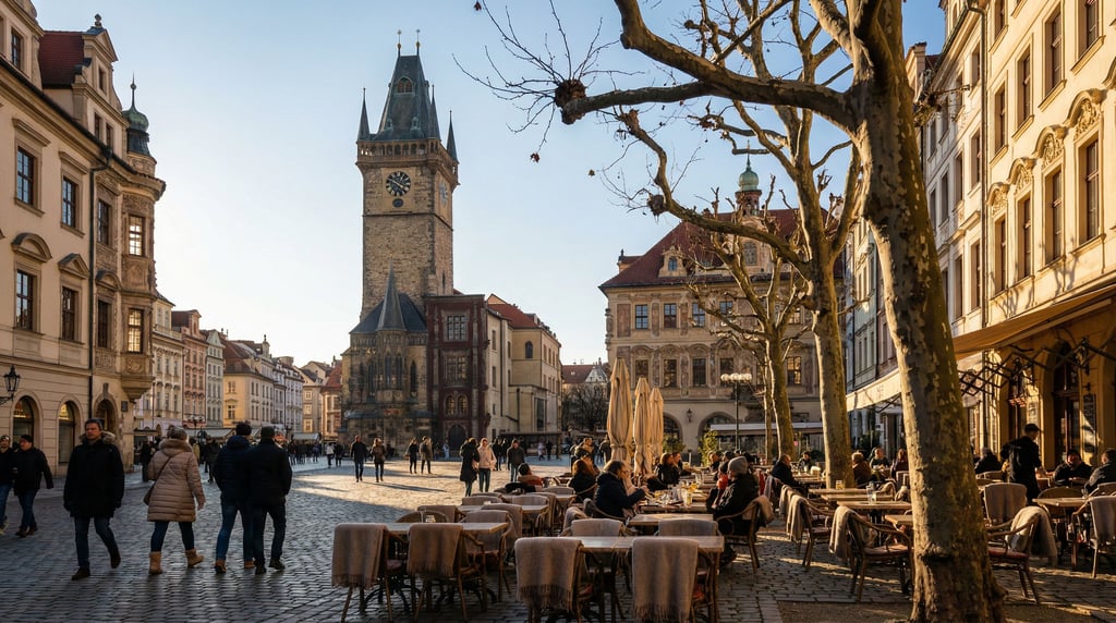 Market square with a historic clock tower in a European city