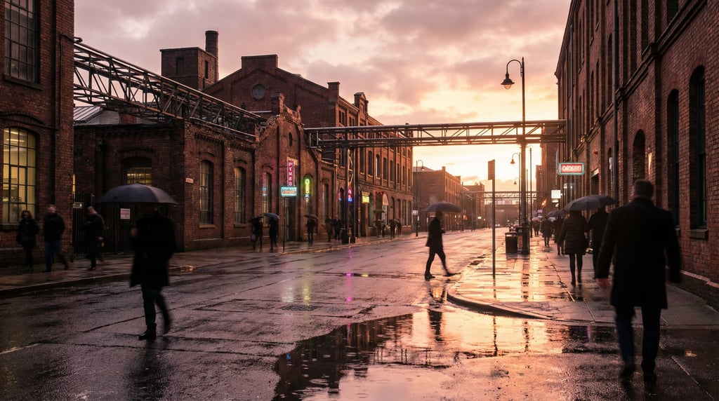 Industrial city street after rain, wet pavement reflecting lights and sky, puddles as mirrors