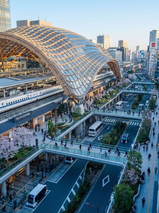 Modern transit hub with sweeping roof in a Tokyo