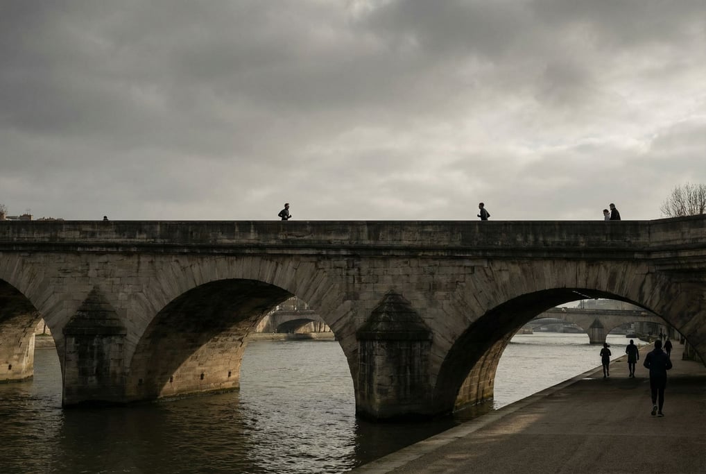 Historic stone arch bridge on a clear day, sharp shadows and bright highlights under blue sky