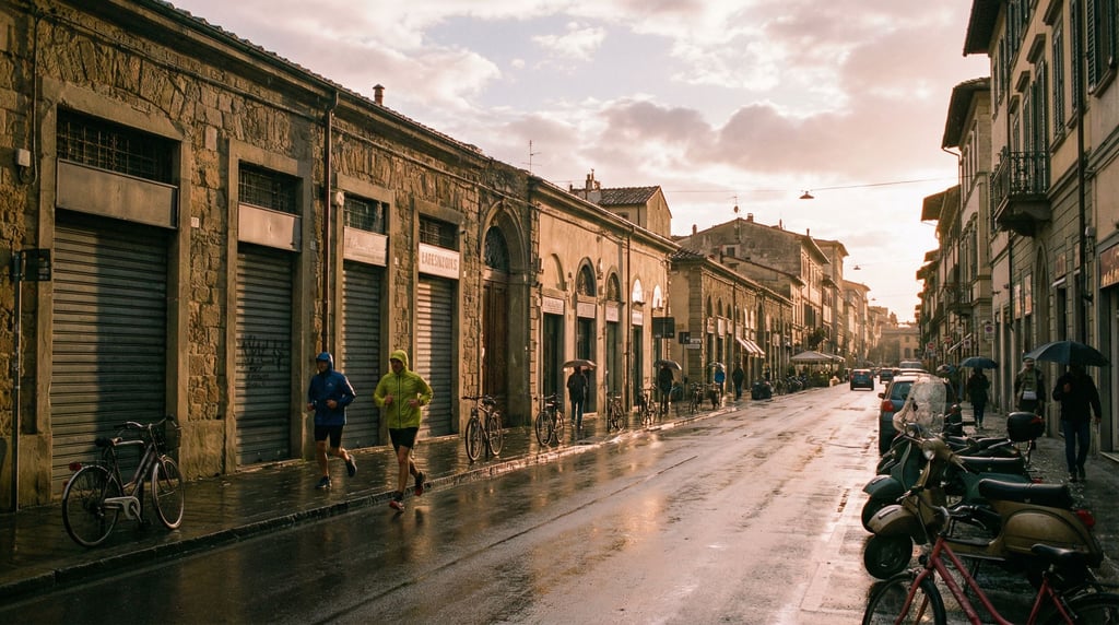 Morning joggers passing closed shopfronts on a rain-slicked main road in a Mediterranean city