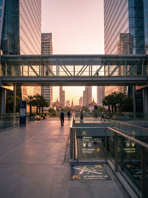 Elevated walkway between glass towers in a Bangkok