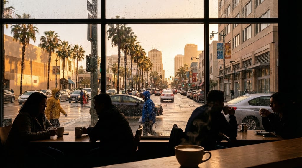 View through a café window with slight condensation overlooking a tropical cityscape at golden hour