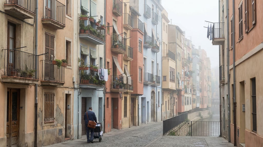 Riverside apartment buildings with balconies in a Mediterranean neighborhood