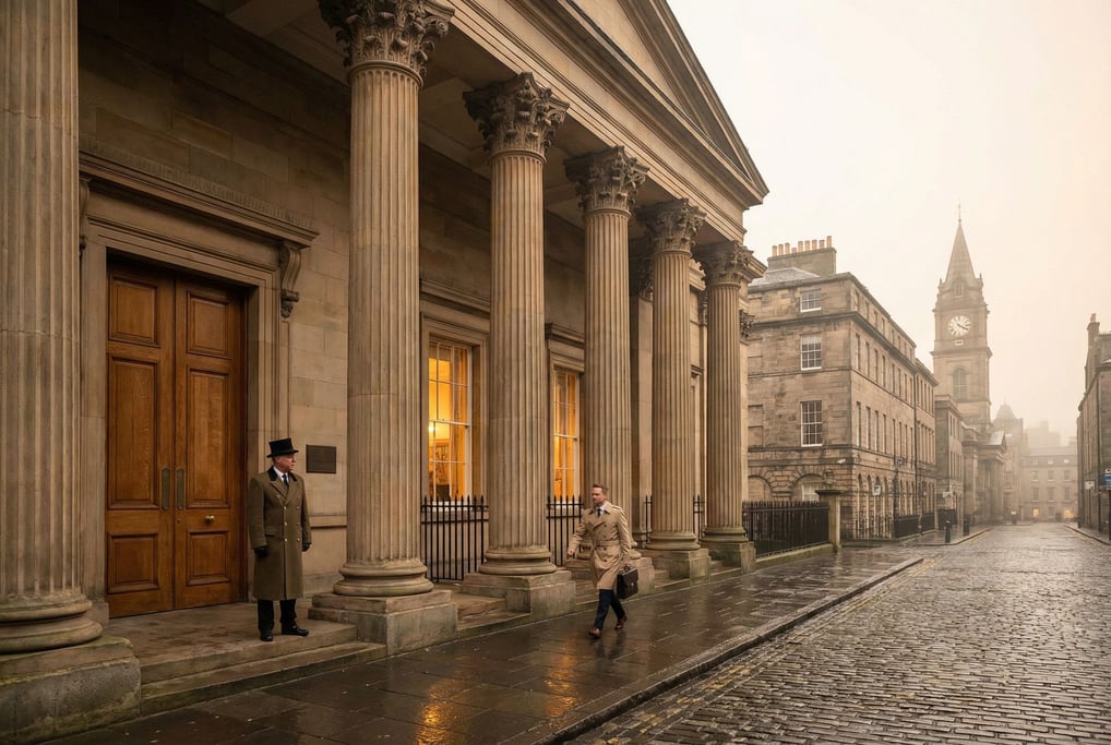 Grand neoclassical portico with tall columns, a uniformed doorman standing to the side