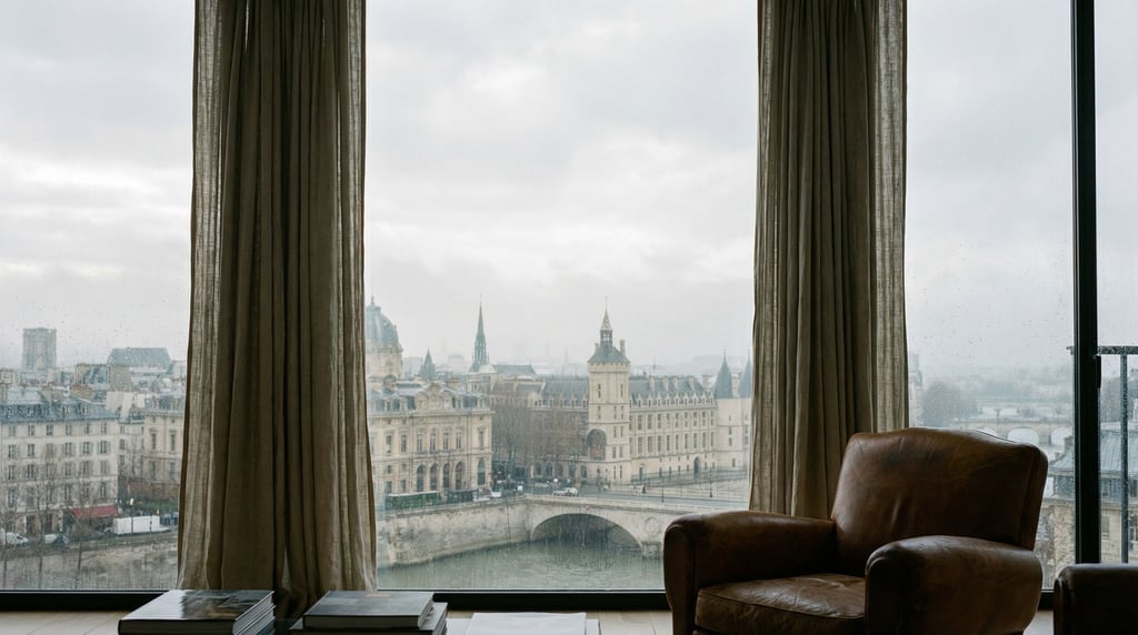 View through a large floor-to-ceiling apartment window overlooking a historic cityscape at cloudy af
