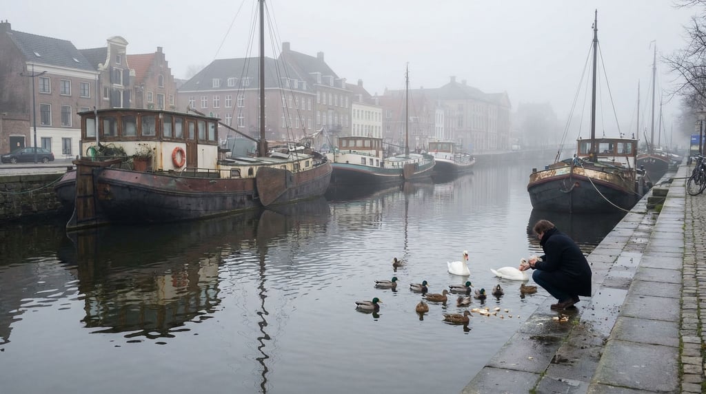 City canal lined with houseboats moored along the quay, overcast midday, reflections in the water